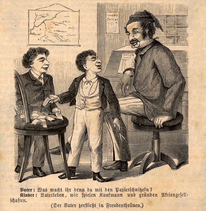 Aus: „Illustrationen zu deutschen Klassikern/Humoristische Bilder“, um 1870 - darstellend einen jdischen Vater mit seinen Shnen und deren angebliche Vorliebe fr Aktiengeschfte