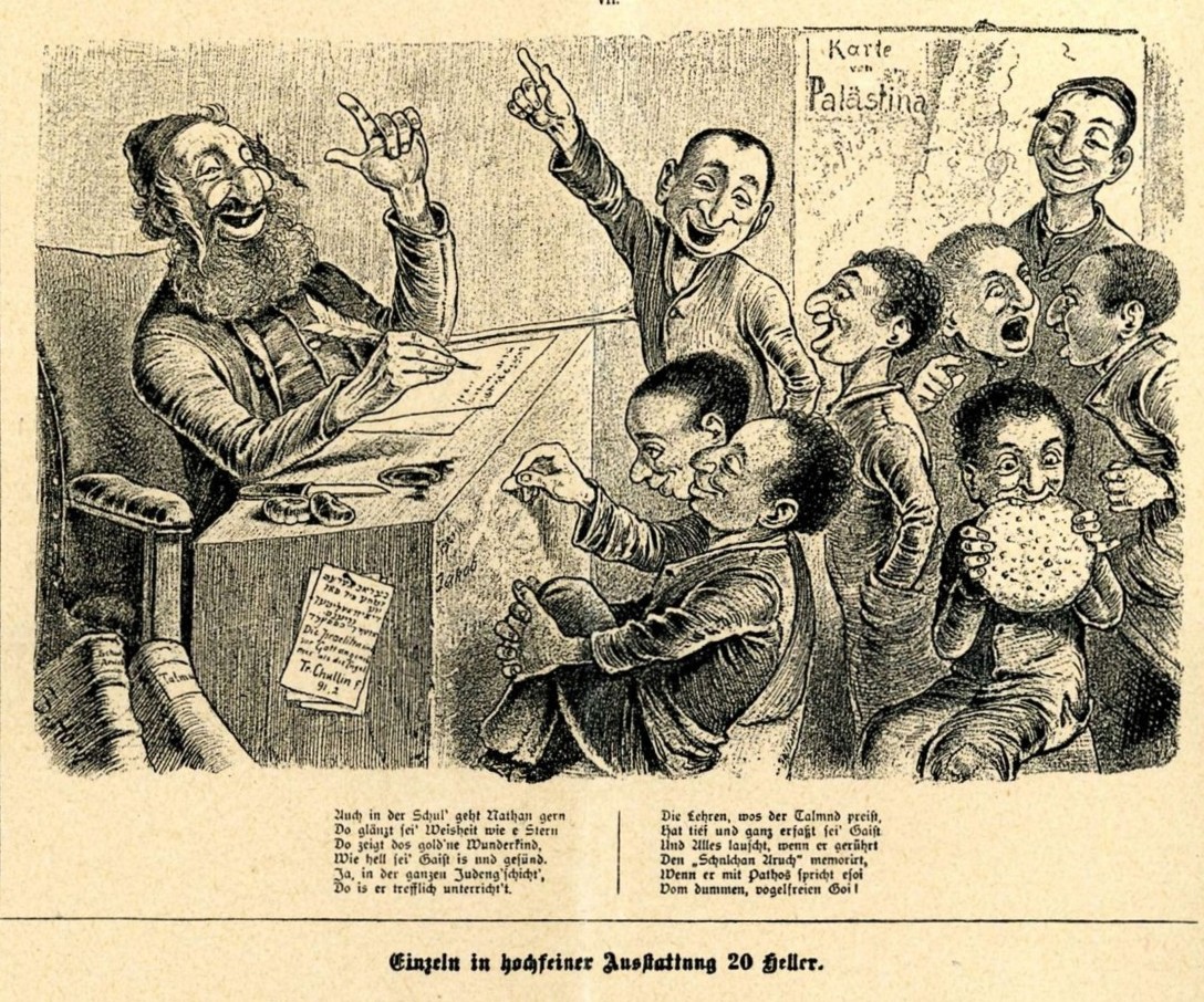 Ausschnitt aus einem antisemitischen Bilderbogen im „Kikeriki“, Wien 1910 - Szene in einem (jdischen) Klassenzimmer