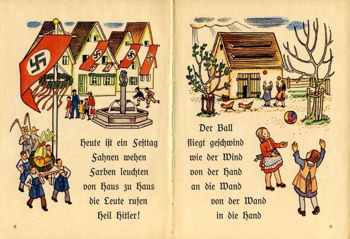 Doppel-Seite mit deutscher Druckschrift (Schwabacher  Fraktur) aus dem „Leserlein, Erstes Lesebuch für die Volksschulen Nordbayerns“, Verlag der Friedr. Korn'schen Buchhandlung, Nürnberg, um 1938.