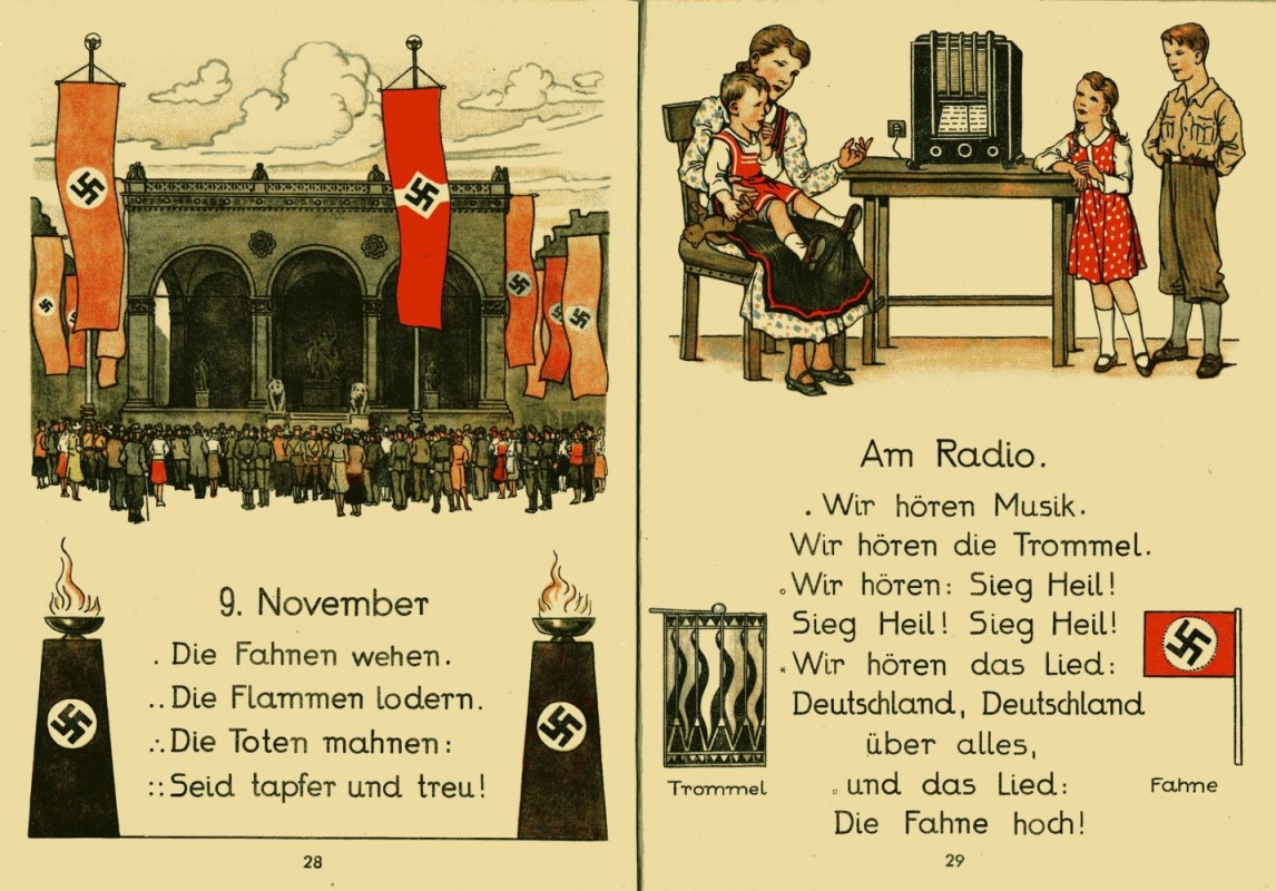 Doppel-Seite mit lateinischer Druckschrift (Antiqua) aus der „Brückl-Fibel für den 1. Schuljahrgang“ Verlag R. Oldenbourg, München, 1942.