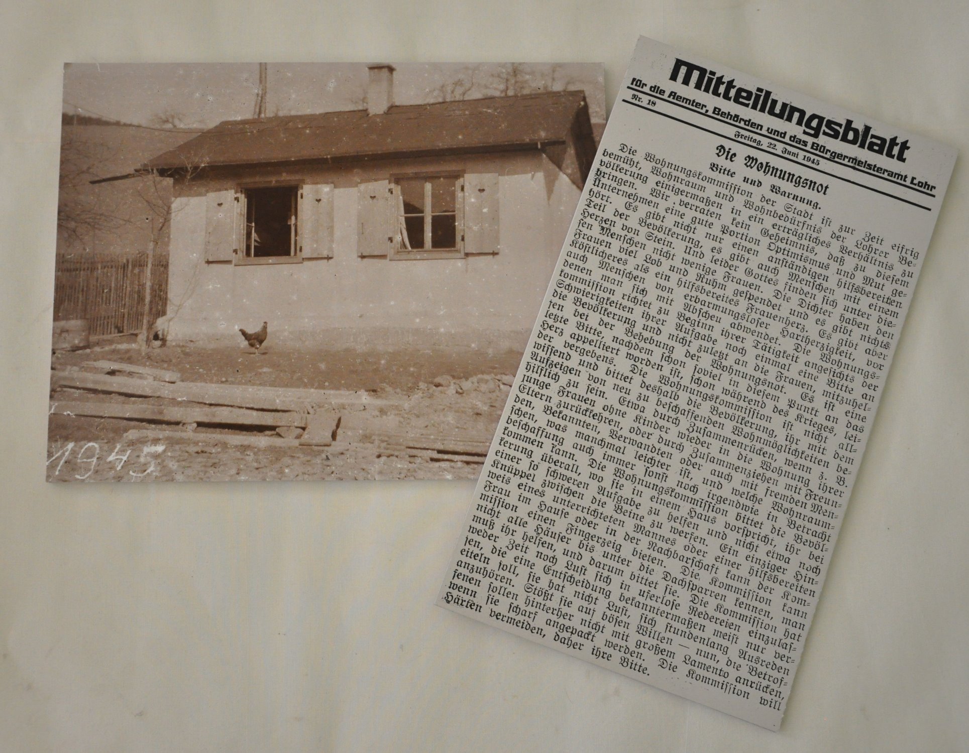 Behelfswohnhaus 1945 fr eine siebenkpfige Familie in Lohr Sackenbach und Leitartikel im „Mitteilungsblatt fr die Aemter, Behrden und das Brgermeisteramt Lohr“,