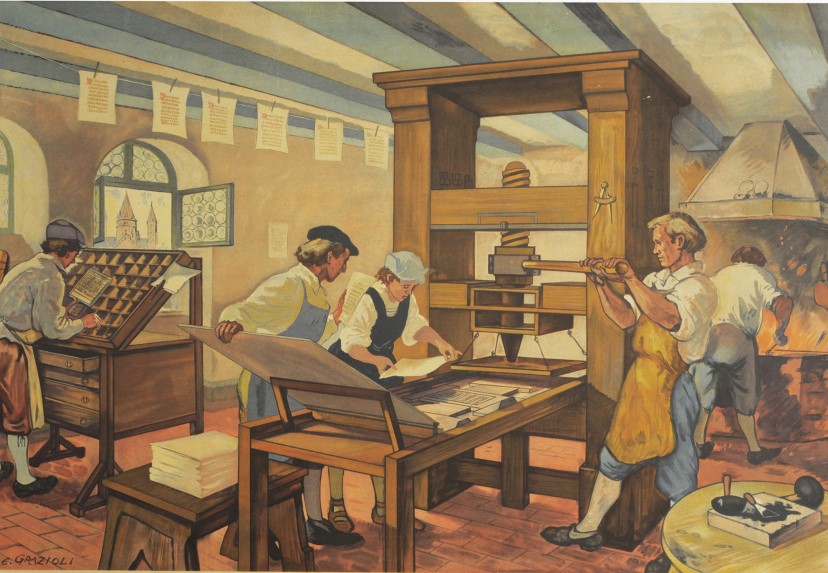 „Buchdruck zu Gutenbergs Zeit“; Schulwandbild 1950