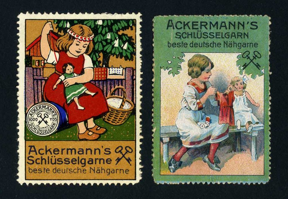 Vergrerte Werbemarken fr Textilien usw. aus der Zeit um 1910. Solche Marken wurden damals vor allem zum Verschlieen von Briefen verwendet, waren aber auch bei den Kindern ein beliebtes und kostenloses Sammel-Hobby.