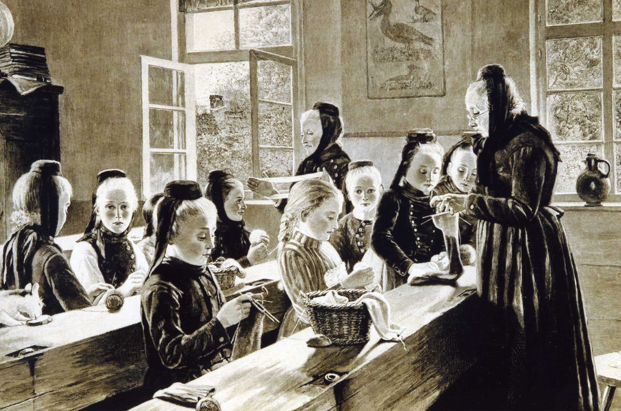 Strickunterricht in einer Schwlmer (Nordhessen) Schule, Holzstich 1894