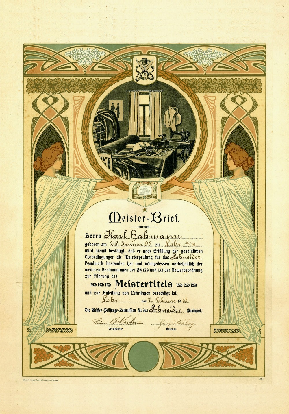 Meisterbrief des Lohrers Karl Hahmann 1920