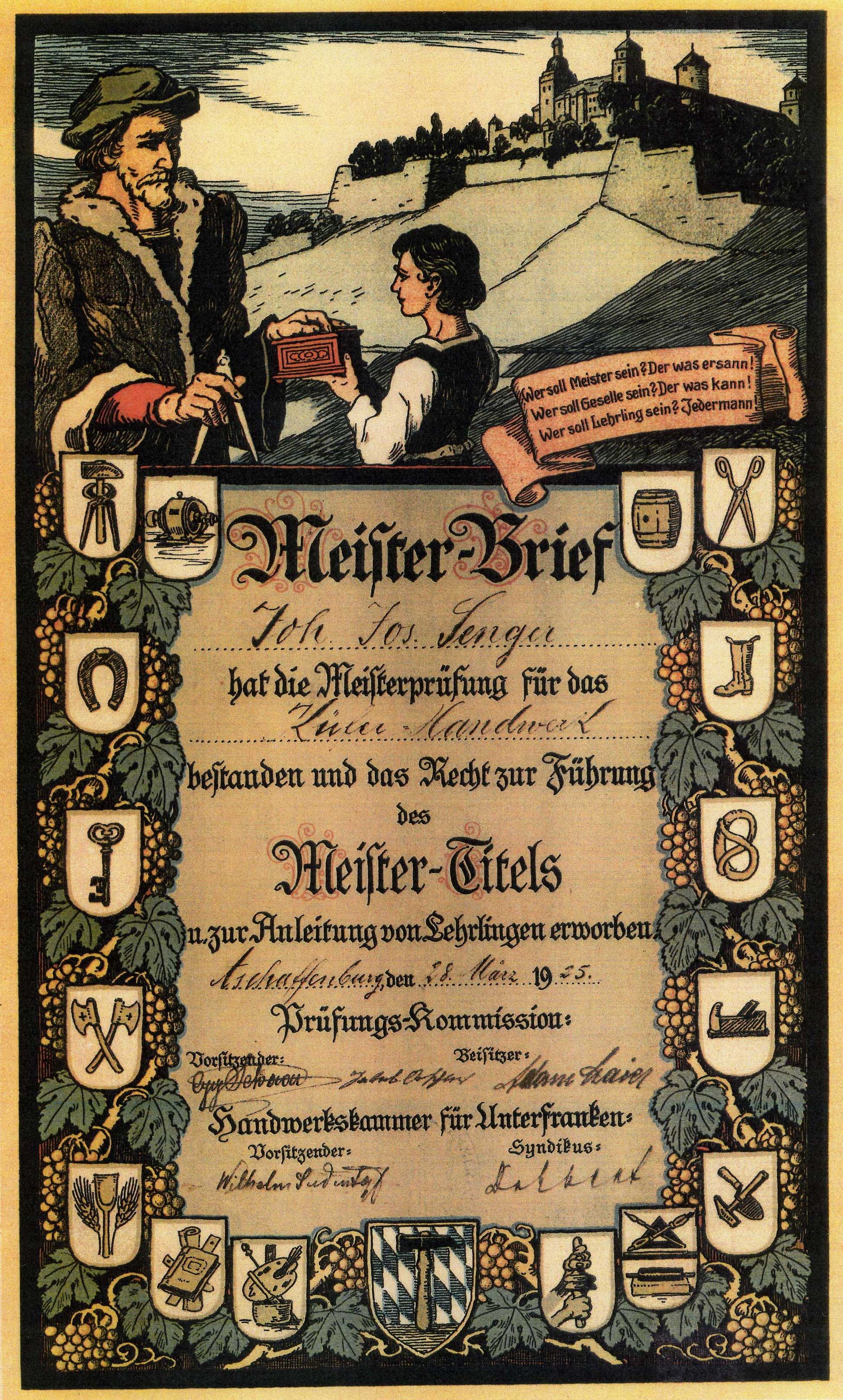 Meisterbrief des Lohrers Johann Senger 1925
