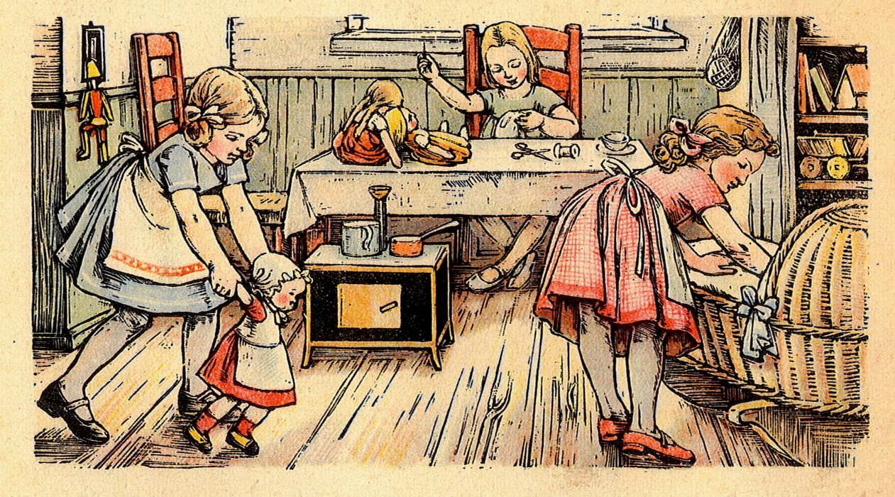 Mdchen spielen mit Puppen – Vorbereitung auf die sptere Mutter und Hausfrau; Seitenillustration aus: „Fibel der