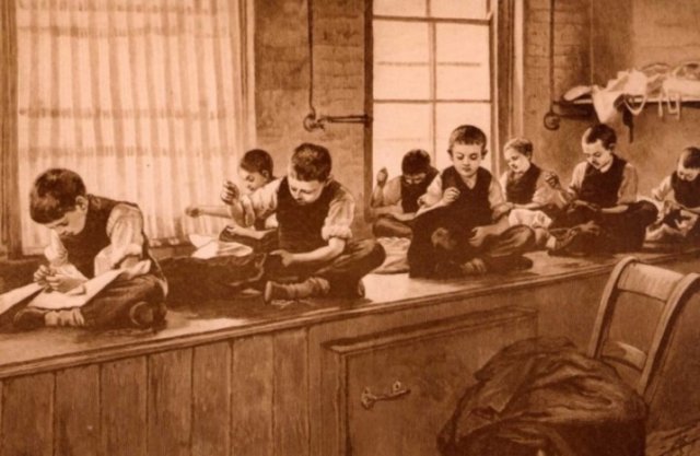 „Schneiderwerkstatt in einer Besserungsanstalt fr Knaben“: Erziehung und Disziplinierung durch Arbeit im „Frsorgeheim“; kolorierter Holzstich um 1900