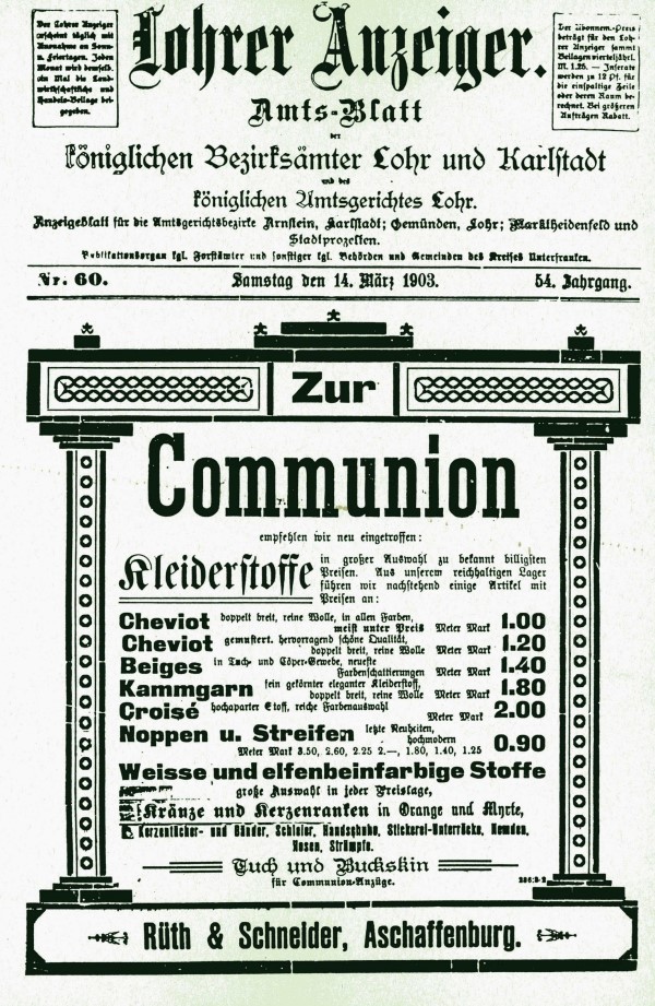 Titelseite („Zweites Blatt“), Lohrer Anzeiger vom 14. Mrz 1903