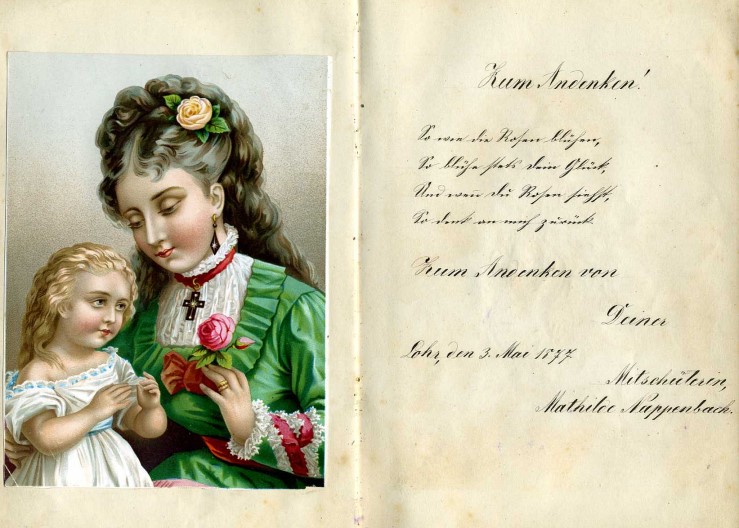 Doppelseite aus dem Poesiealbum der Lohrerin Babette Vogt (geboren 1863, gestorben 1939) mit Eintrgen aus den Jahren 1877-1882, in dieser Zeit Schlerin des Lehrerinnen-Seminars in Aschaffenburg.