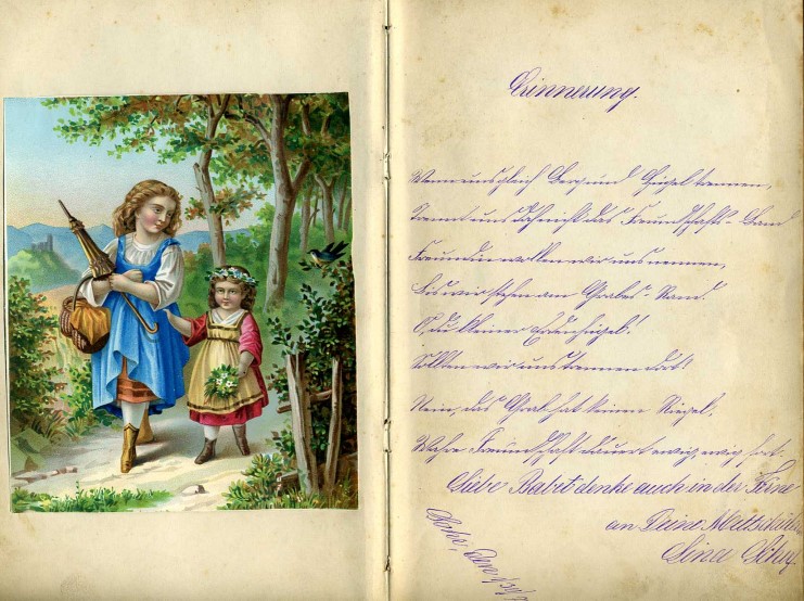 Doppelseite aus dem Poesiealbum der Lohrerin Babette Vogt mit Eintrgen aus den Jahren 1877-1882, in dieser Zeit Schlerin des Lehrerinnen-Seminars in Aschaffenburg.
