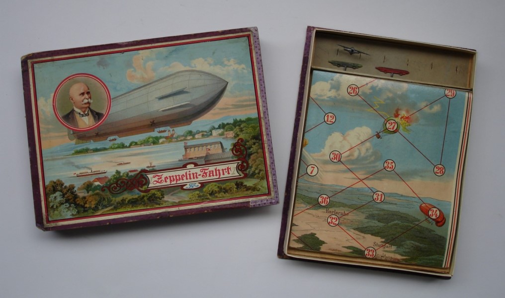 „Zeppelin-Fahrt“; Deckelillustration eines Wrfelspiels um 1910