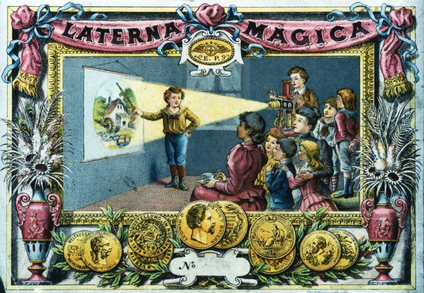 Deckelillustration auf einer Verpackungsschachtel fr die Laterna magica um 1900