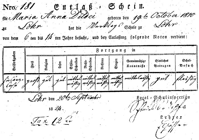 „Entla-Schein“ aus dem Jahr 1824 fr die 1810 geborene Lohrer Schlerin der Werktagsschule (Volksschule) Maria Anna Dildei.